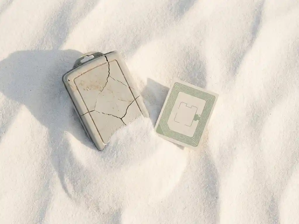 Cracked plastic datalogger half-buried in white sand beside a pristine paper-based NFC label, contrasting legacy and sustainable monitoring technology.