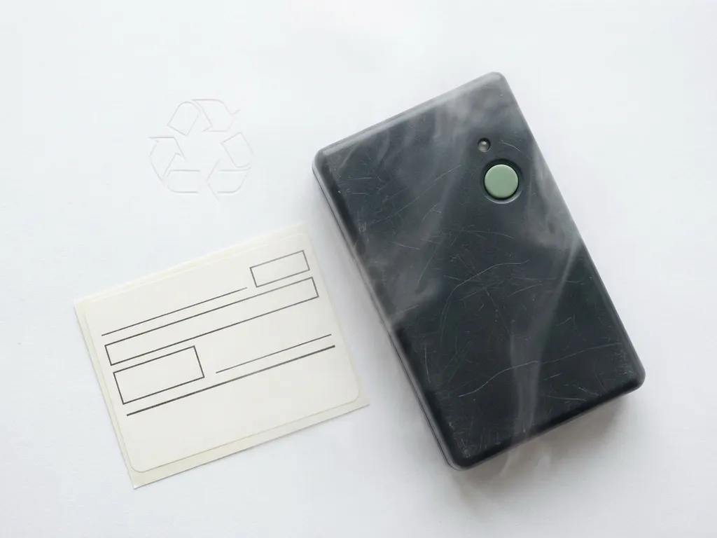 Worn plastic datalogger beside a paper-based datalogger label on white surface, cool mist hinting at cold chain use, flat lay composition.