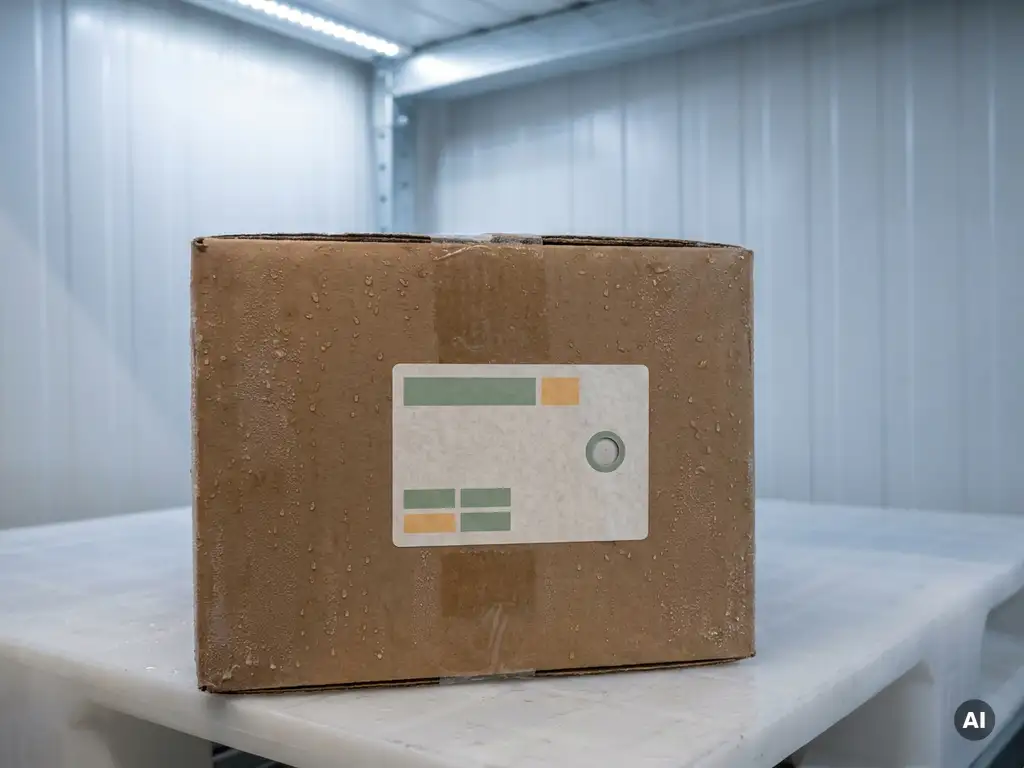 Paper temperature data logger label on a frost-covered cardboard food shipping box inside a refrigerated truck, soft cold light overhead.