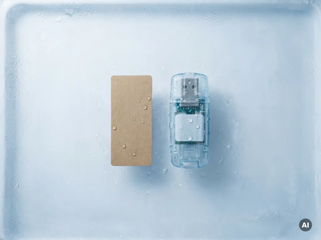Una delgada etiqueta NFC de papel se encuentra junto a un voluminoso registrador de datos USB de plástico sobre una superficie blanca en un entorno refrigerado de cadena de frío.