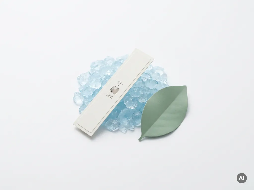 Paper-based NFC temperature logger label on crushed ice beside a fresh green leaf, flat lay with minimalist white background.