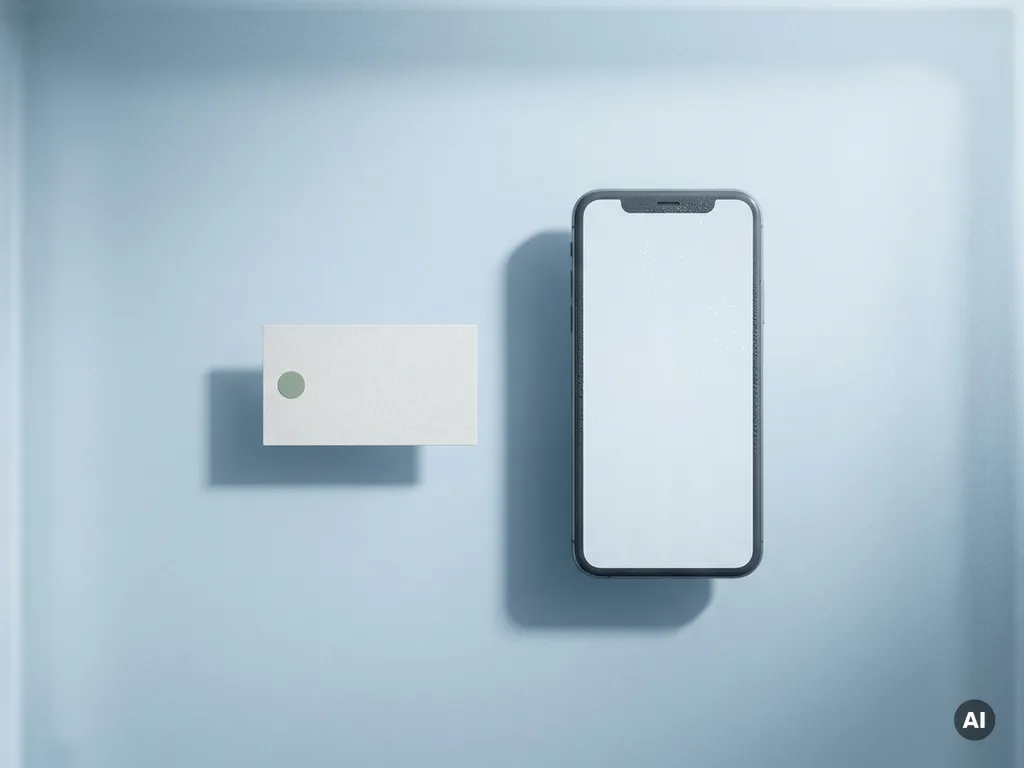 Etiqueta de un registrador de datos en papel junto a un teléfono inteligente sobre una superficie escarchada de una cámara frigorífica con gotas de condensación, fotografiada desde arriba.