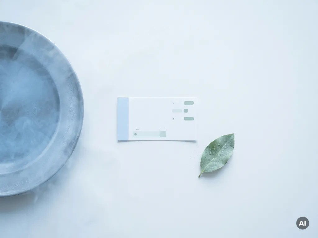 Paper-based temperature data logger label beside a fresh green leaf on a white surface with cool mist and arctic blue tones.