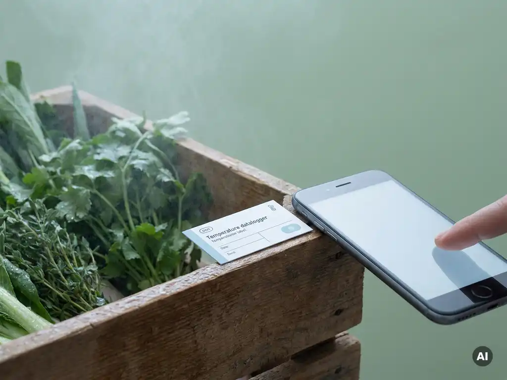 Paper temperature datalogger label on a chilled wooden produce crate beside a smartphone, cool mist rising in the background.