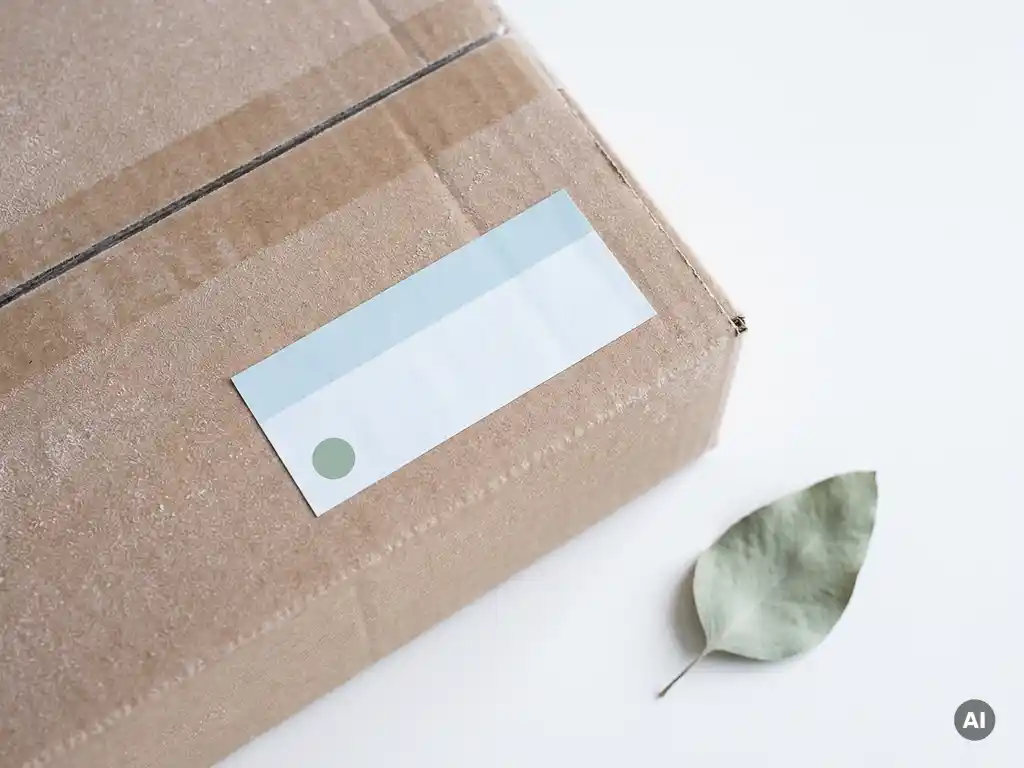 Paper-based temperature logger label on a frost-dusted shipping box beside a green leaf, highlighting eco-friendly cold chain transit.