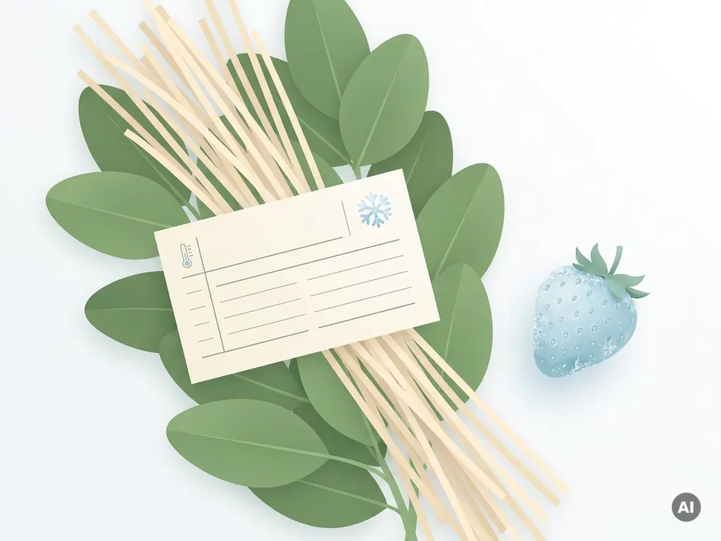Temperature data logger label on green leaves and straw beside a frost-covered strawberry, flat lay minimalist composition.