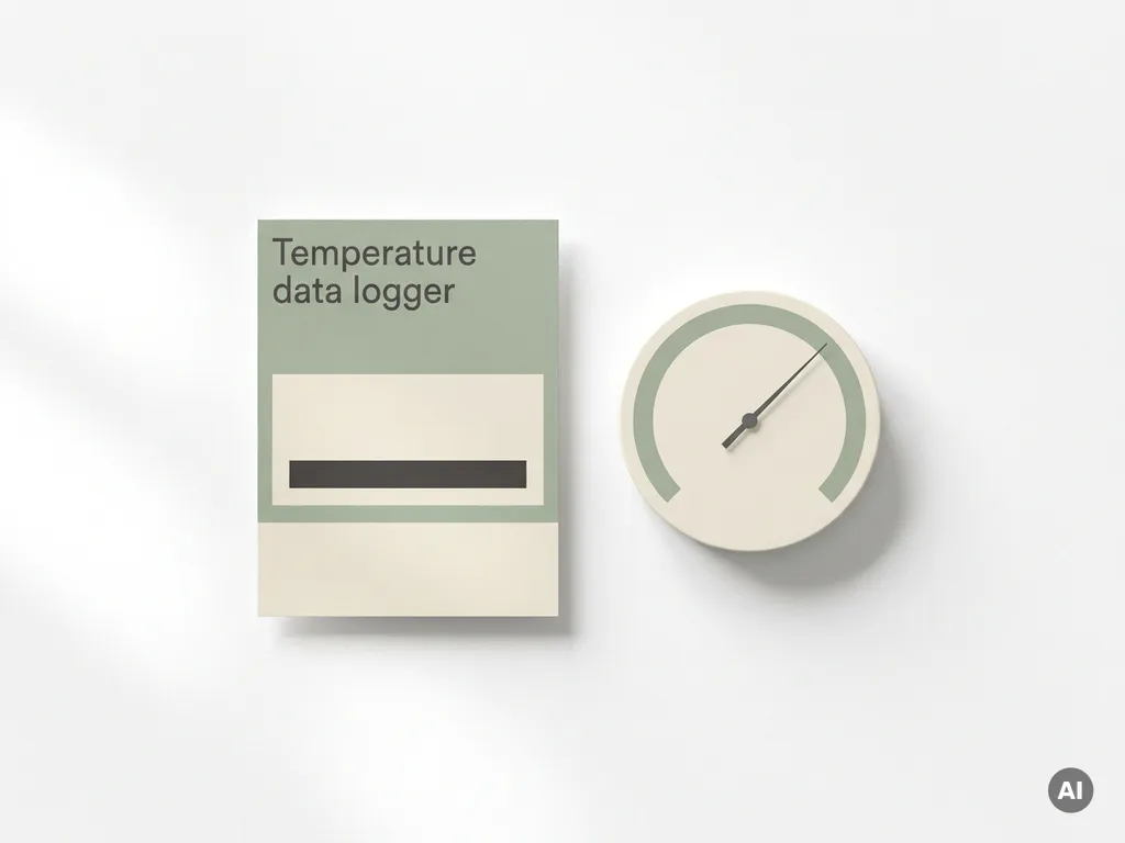 Paper-based temperature datalogger label beside an analog temperature indicator dial on a white surface, flat lay with soft natural light.