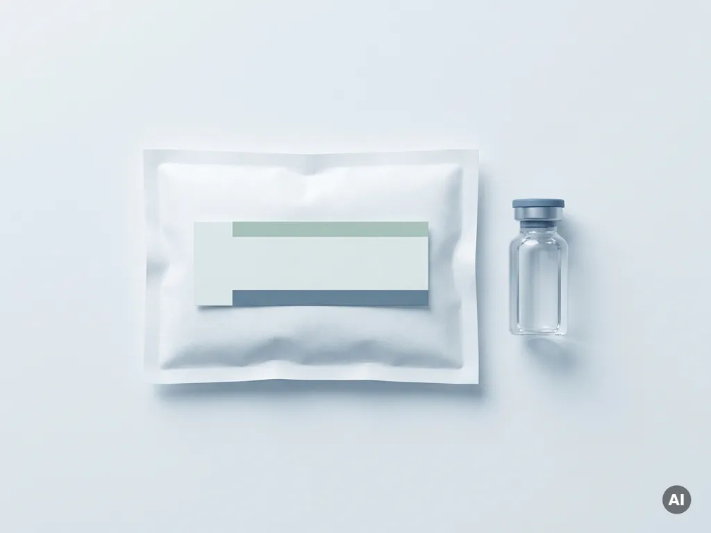 Paper temperature data logger label on a white pharmaceutical cold pack beside a glass vial for medical cold chain shipping.