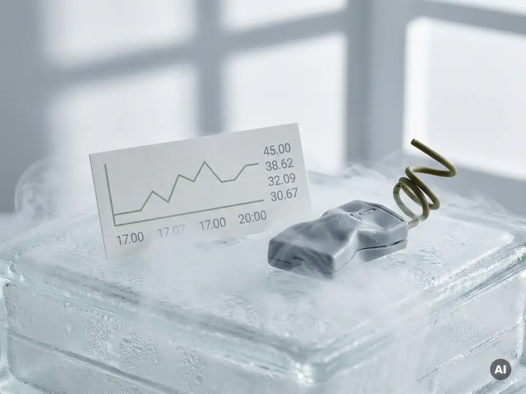 Paper-based datalogger label on a frosted surface beside a wilting plastic device, cool mist curling around both in arctic white and sage green tones.