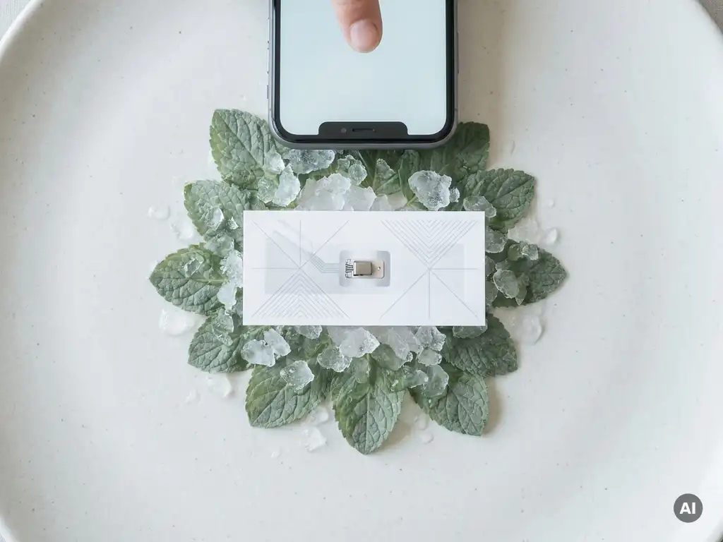 Papierbasiertes Datenlogger-Etikett auf frischen grünen Blättern und zerstoßenem Eis, darüber schwebt ein Smartphone, flach liegend in kühlen Weiß- und Salbeitönen.