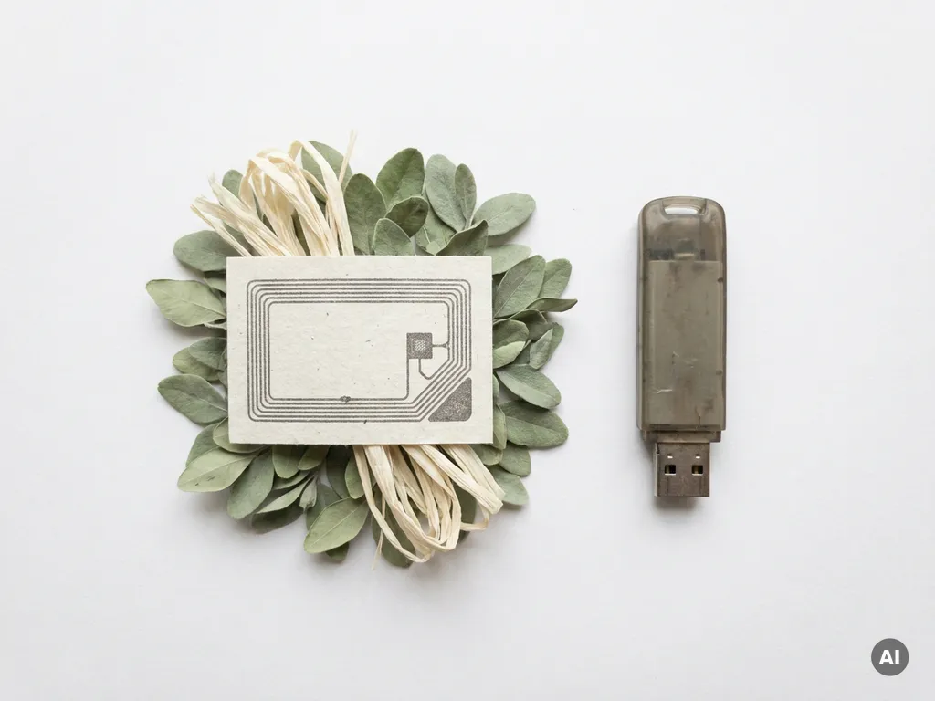 Ein NFC-Datenlogger-Etikett aus Papier auf frischen grünen Blättern neben einem veralteten USB-Gerät aus Kunststoff unterstreicht die Bedeutung nachhaltiger landwirtschaftlicher Überwachungstechnologie.